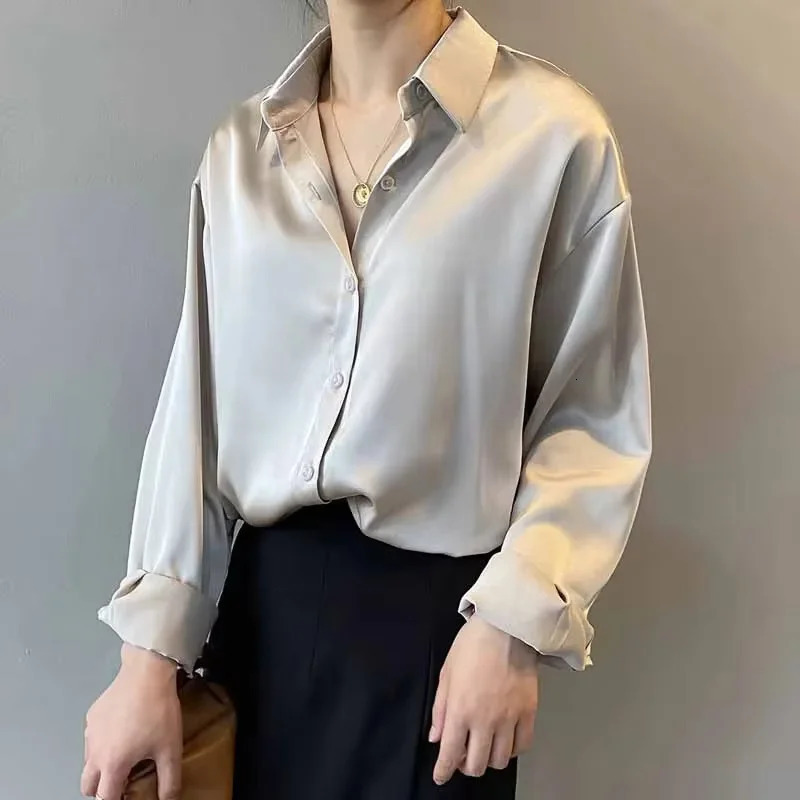 Women Shirt Turn-down Collar Solid Color Satin Blouses Fashion Autumn Office Lady Elegant Tops Spring Long Sleeve Clothing 250614