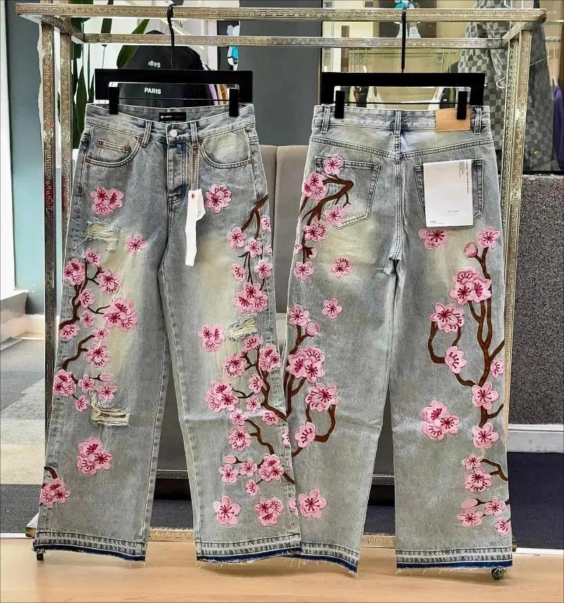 Men's Jeans Streetwear Retro Hip Hop Flower Embroidery Pattern Y2k Men And Women Casual Black Baggy Low Rise Gothic Denim Pants