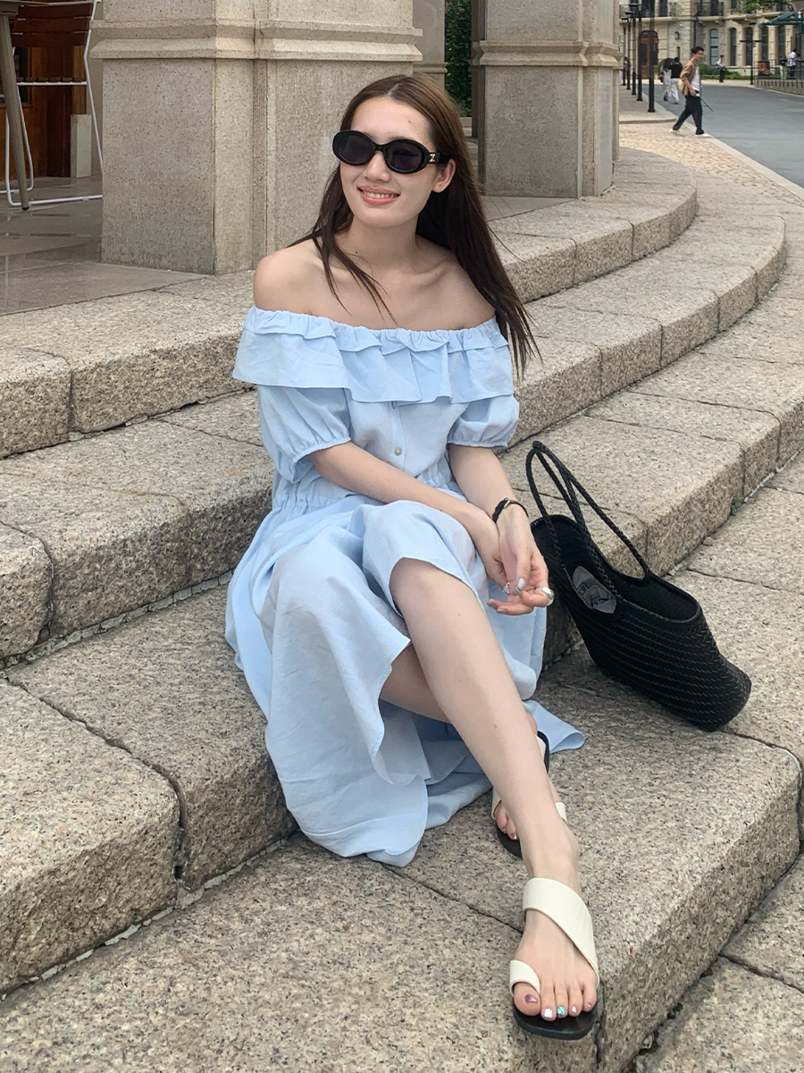 XR161 Tencel one-shoulder dress summer Korean style simple waist slim long dress