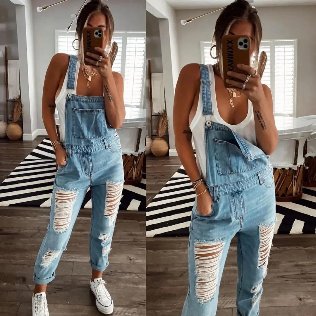 Women Jeans Long Pants Denim Pants One Piece Suspenders Straight Trousers Splice Hole High Waist Casual Overalls Autumn 250609