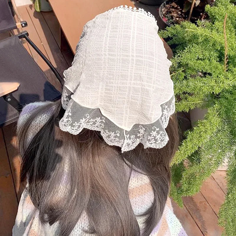 Lace Flower Embroidered Hair Scarf Bohemia Bandana White Hairband Summer Triangle Scarf Women Girl Headscarf 250610