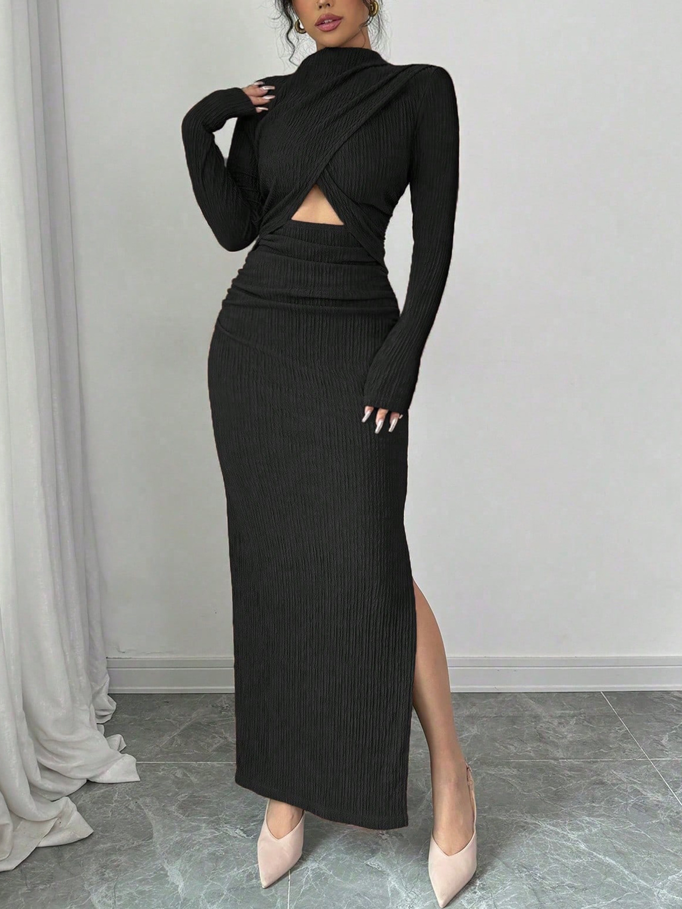 C615Cross-border foreign trade Amazon women's autumn new sexy slim-fitting split knitted long-sleeved hip dress