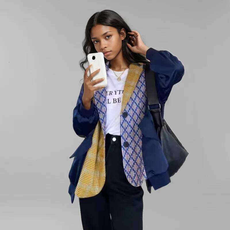 WTHT Trendy Women's Control Color Design Loose Fake Two-piece Blazer 2024 Autumn Fashion Lapel Long Sleeves Jacket Female 1LS243