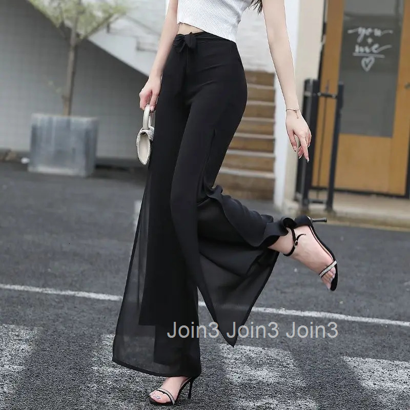 Flare Womens Pants Silk Chiffon Satin Ruffle Mesh Clothing Transparent Tulle Trousers for Women Slacks One Size Summer 90s G Xxl