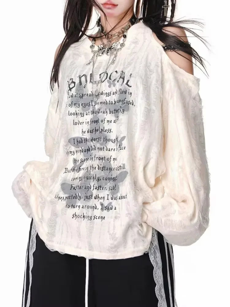 Autumn Gothic Grunge Dark Hollow Out T Shirt Women Harajuku Hollow Out Off Shoulder Sexy Tees Female Punk Letter Print Tops 250614