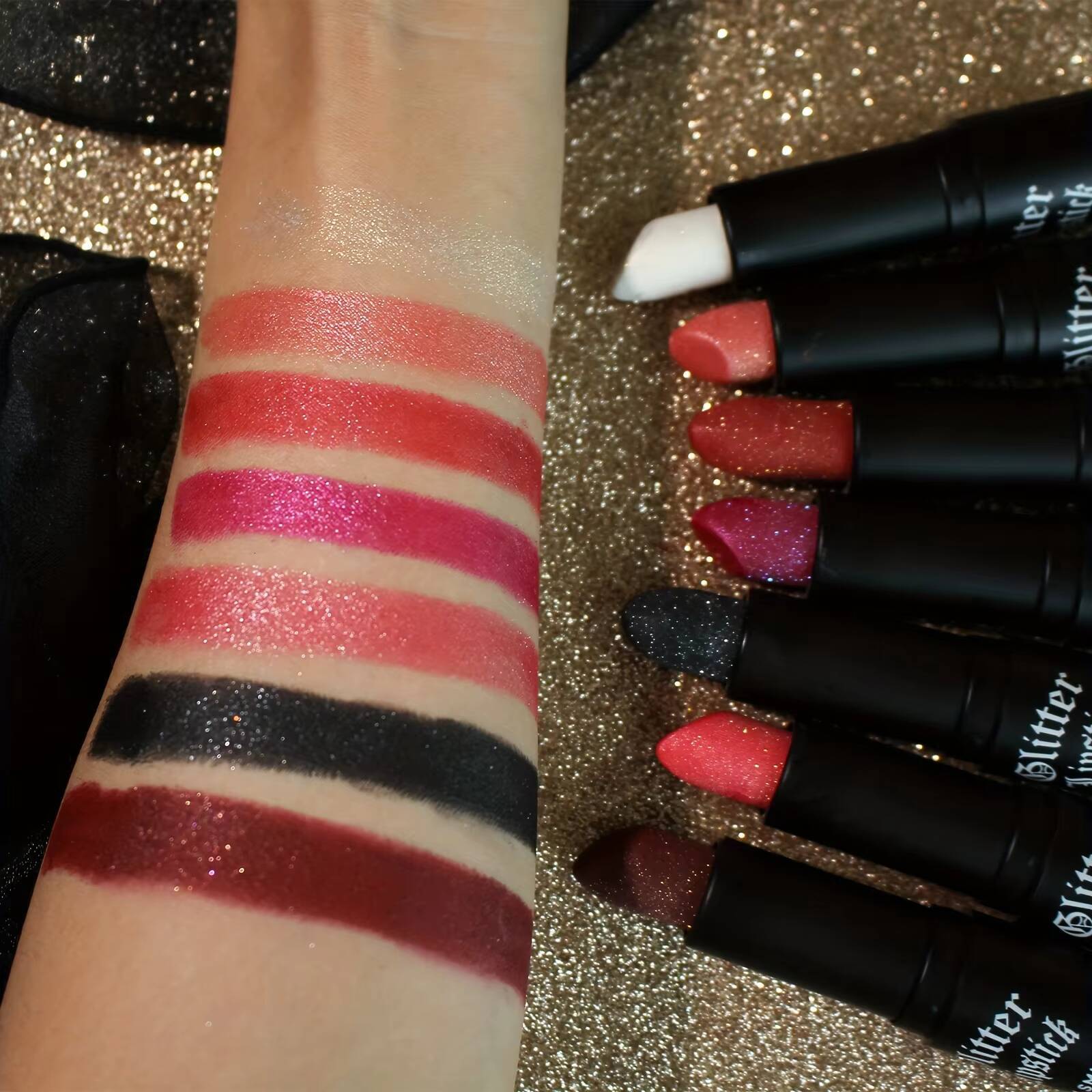 7 Colors Glitter Lipstick Hydrating Sparkling Shine Color Nonstick Highly Pigmented Formula Gives Metallic Finish Lip Makeup happy