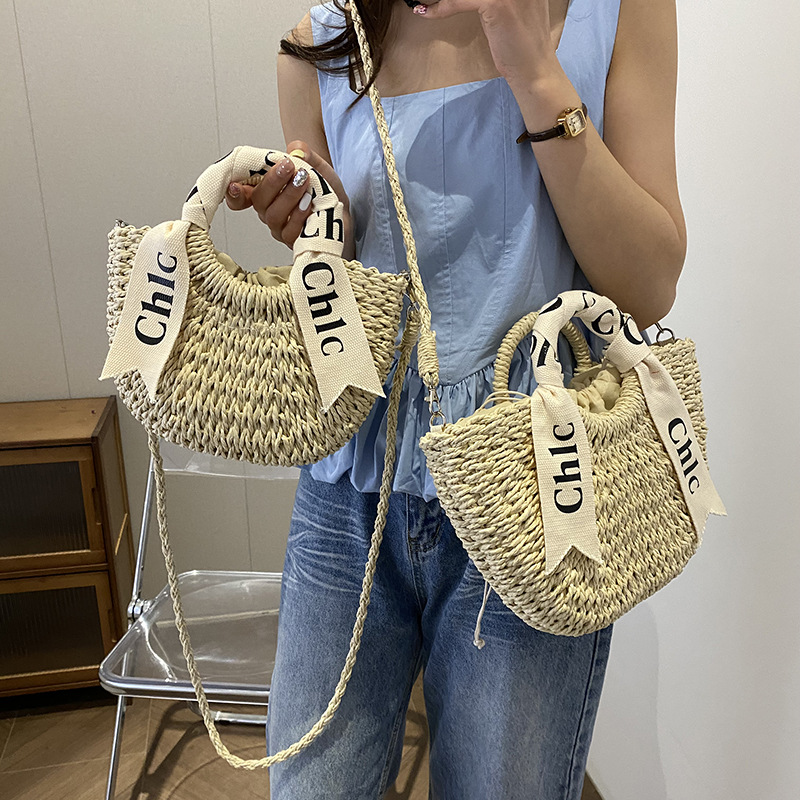 Letter Silk Scarf Hand-Held Straw Woven Bag Papyrus Woven Bag Spring Outing And Vacation Handbag Moon Bag