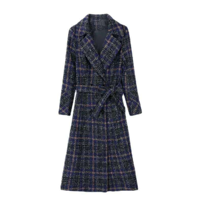Extended Thickened Woolen Women's Autumn Winter Plaid Outerwear Fashionable Chinese Brand Style Long Coat For Ladies