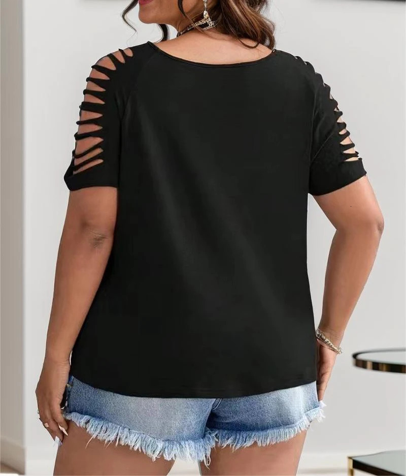 European and American Cross Border Plus Size Womens V Neck Casual Hollow Short SlEuropean and American cross-boreeved T Shirts 250614