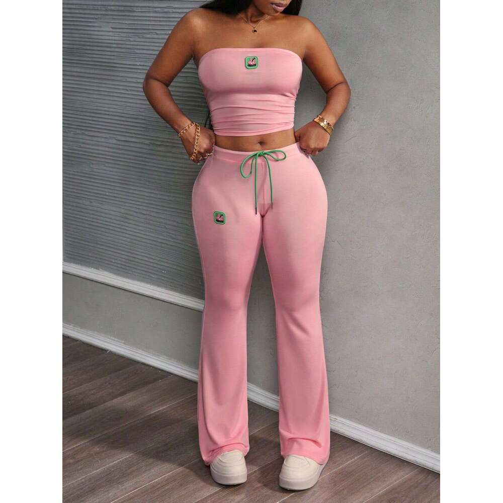 New Fashion Solid Color Embroidered Sleeveless Tube Top Sports Slim Fit Bodycon Long Pants Set For Women B5
