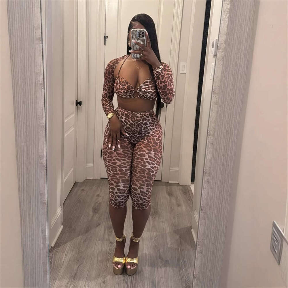 New Fashion Printed Slim Fit Stretch Sexy Leopard Print Wild Hot Girl Camisole Tight Pants Set For Women B5