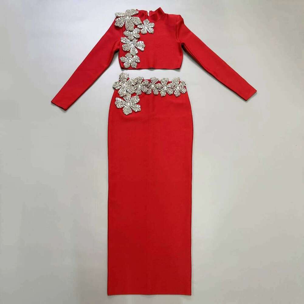 Black Color Women Sleeve Sexy Dia Flowers 2 Pieces Bodycon Long Bandage Dress Celebrate Nightclub Party Outfit Vestido