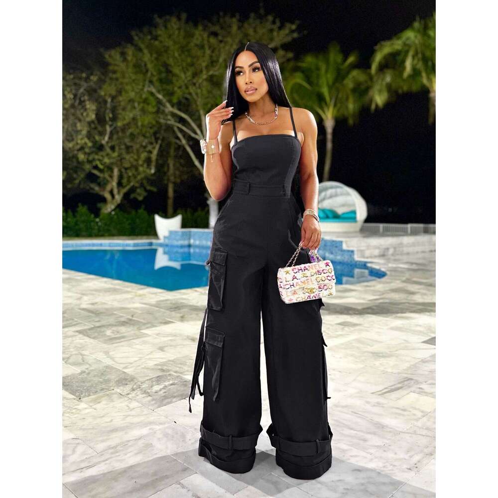 European and American Style Women's Sexy Strapless Multi-Pocket Cargo Wide-Leg Jumpsuit 2025 Elegant Versatile New Trendy Fashion Ins