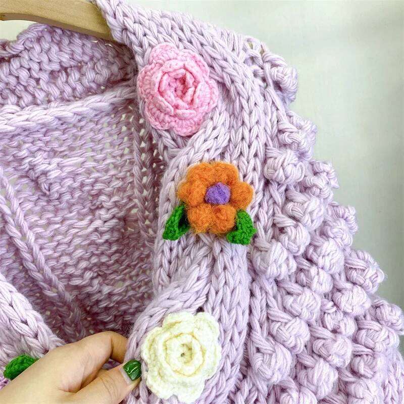 Women Hand-Knitted Cardigan With 3D Flower Design Vintage Twisted Chunky Sweater 2023 Winter New In