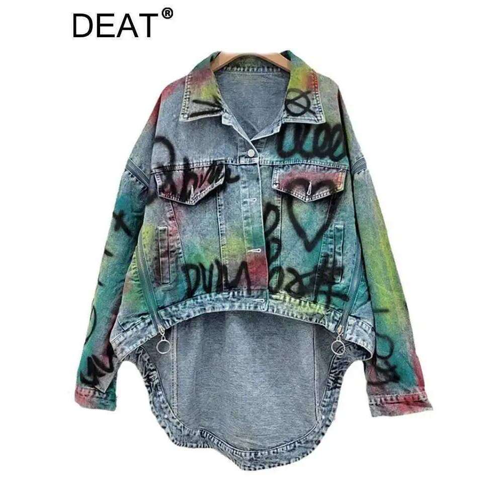 DEAT Women Denim Coat Loose Patchwork Zippers Letters Graffiti Contrast Color Irregular Jackets 2024 Summer New Fashion 33A1421