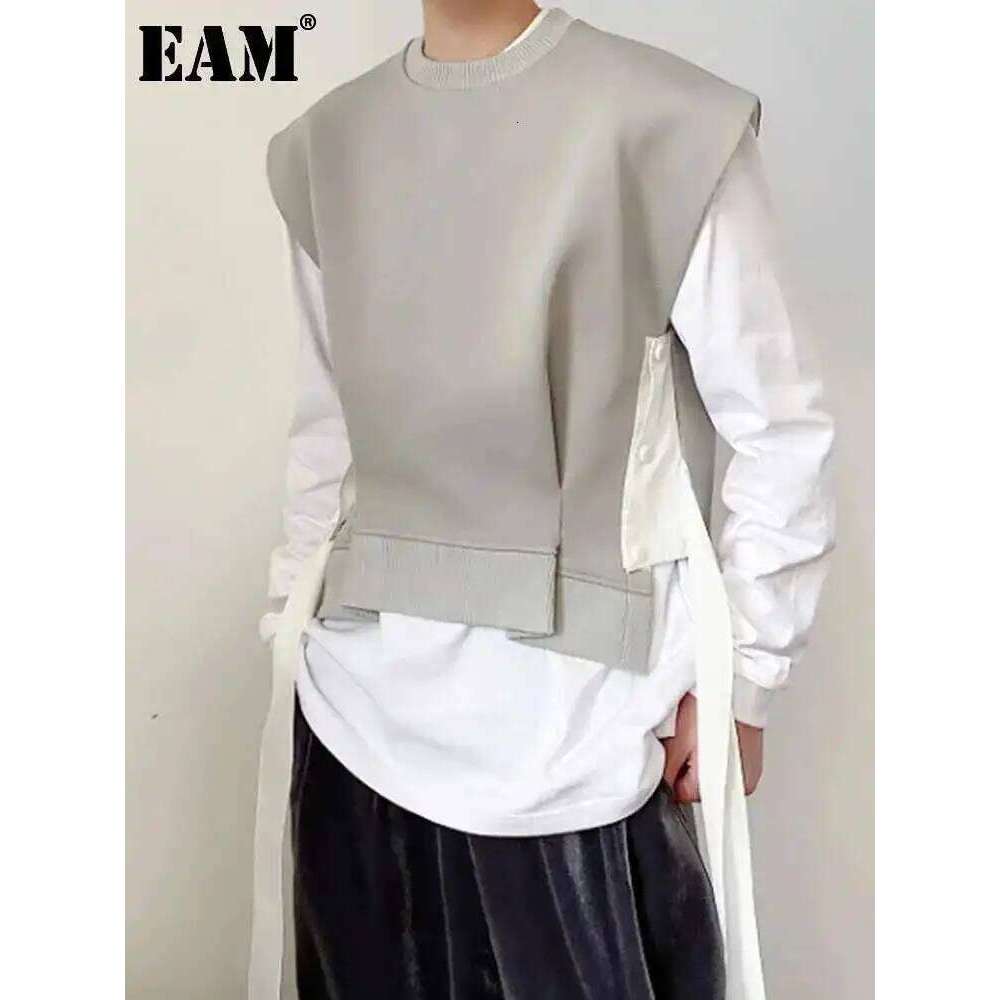 EAM Gray Ribbon Big Size Irregular Casual Vest Loose Women New Round Neck Sleeveless Fashion Tide Spring Autumn 2025 1Dh5219