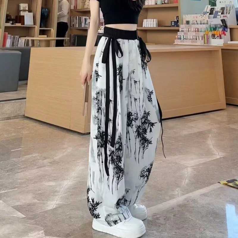 Womens Thin Casual Ice Silk Chiffon Wide Leg Pants 2025 Summer New Style Strap Drop Straight Tube Floor Trousers Korean WomenXJ250616
