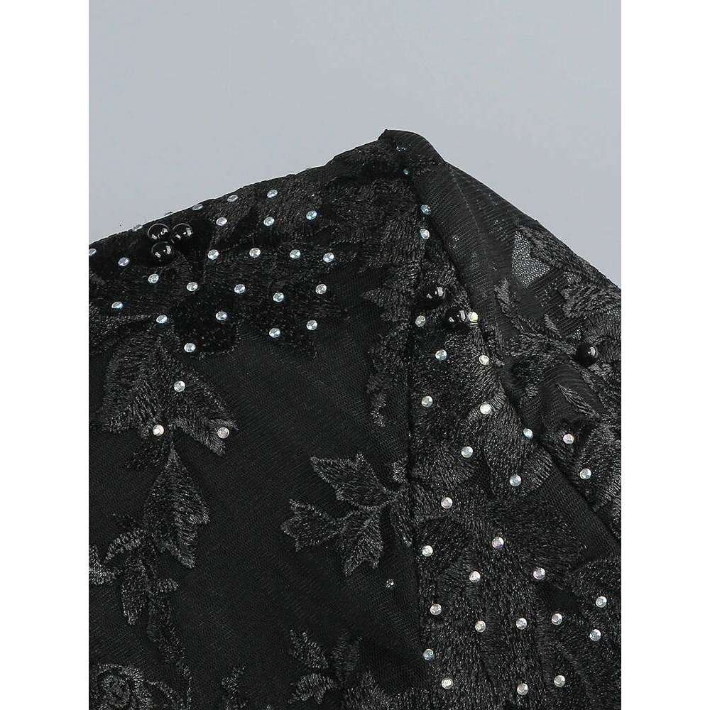 Sexy Deep V Neck Floral Dias Design Women Long Sleeve Lace Patchwork Beaded Wide Leg Jumpsuit Evening Runway