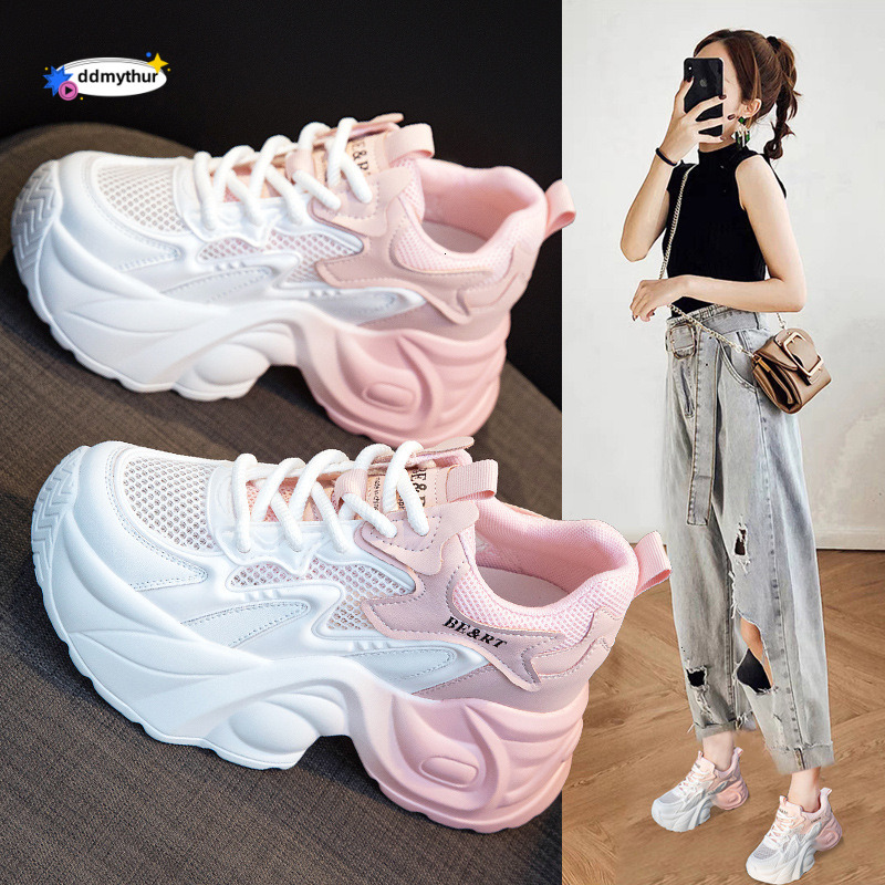 Women's Dad Sneakers 2025 Summer Style Single Mesh Hidden Heel 8CM Height Increase Casual Versatile Thick Sole Color Block Sports Shoes ddmythur