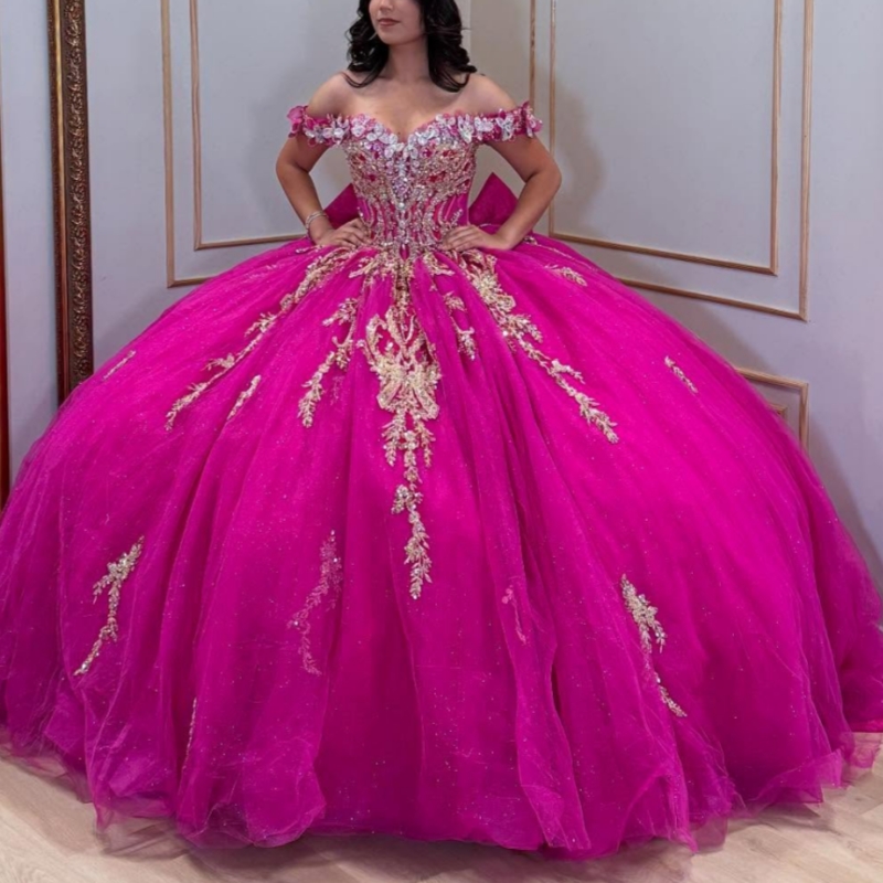 Rose Red Shiny Quinceanera Dresses Ball Gown Off The Shoulder Applique Lace Beading Crystal Bow Tull Sweet 16 Dress Vestidos 15 De Anos