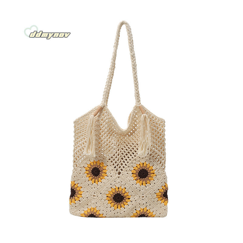 Forest Style Sunflower Knitted Hollow Woven Underarm for Women Summer Beach Large Capacity Shoulder Tote Bag ddmynov ddmynov ddmynov
