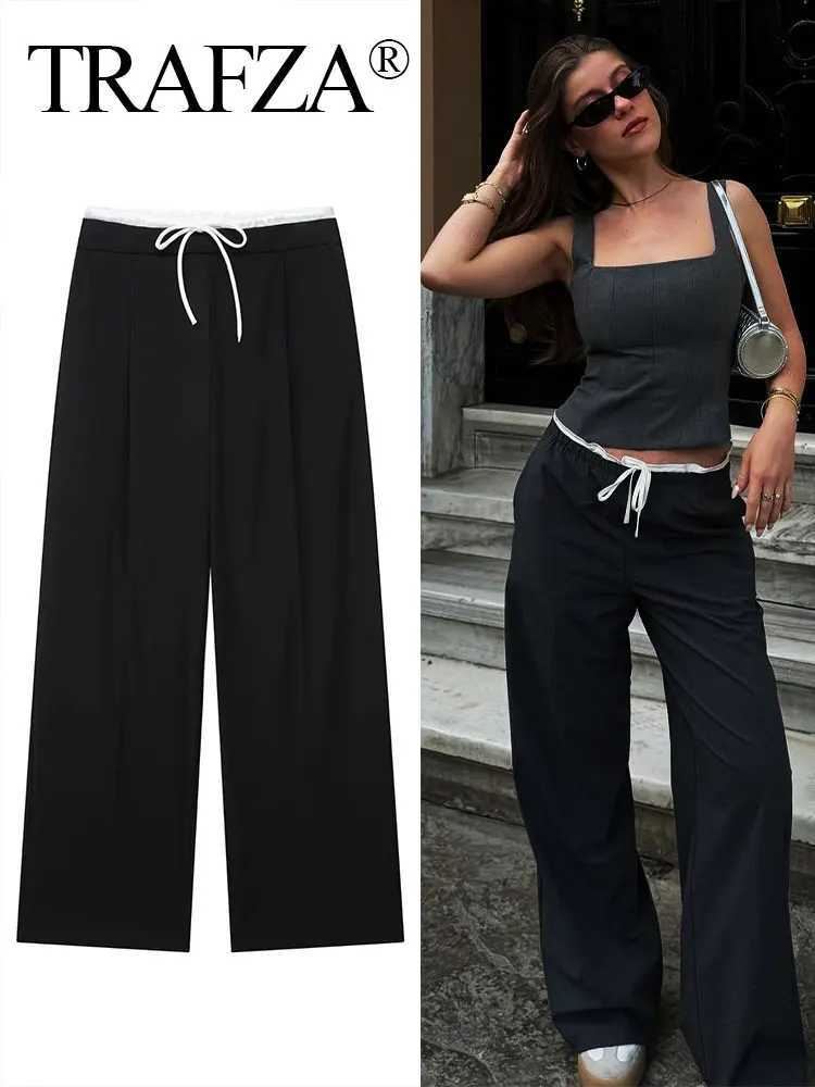 TRZA 2024 Woman Casual Trousers Chic Patchwork Loose Womens Long Pants High Waist Wild Comte Woman Wide Leg Pant StreetwearXJ250616