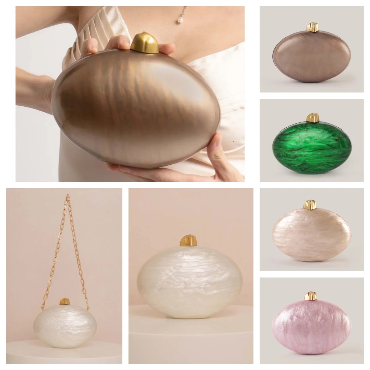 Pearl Brown Green Oval Female Acrylic Egg Shape Clutch Bag Women Designer Evening Party Cute Purse Shell Handbag 250614