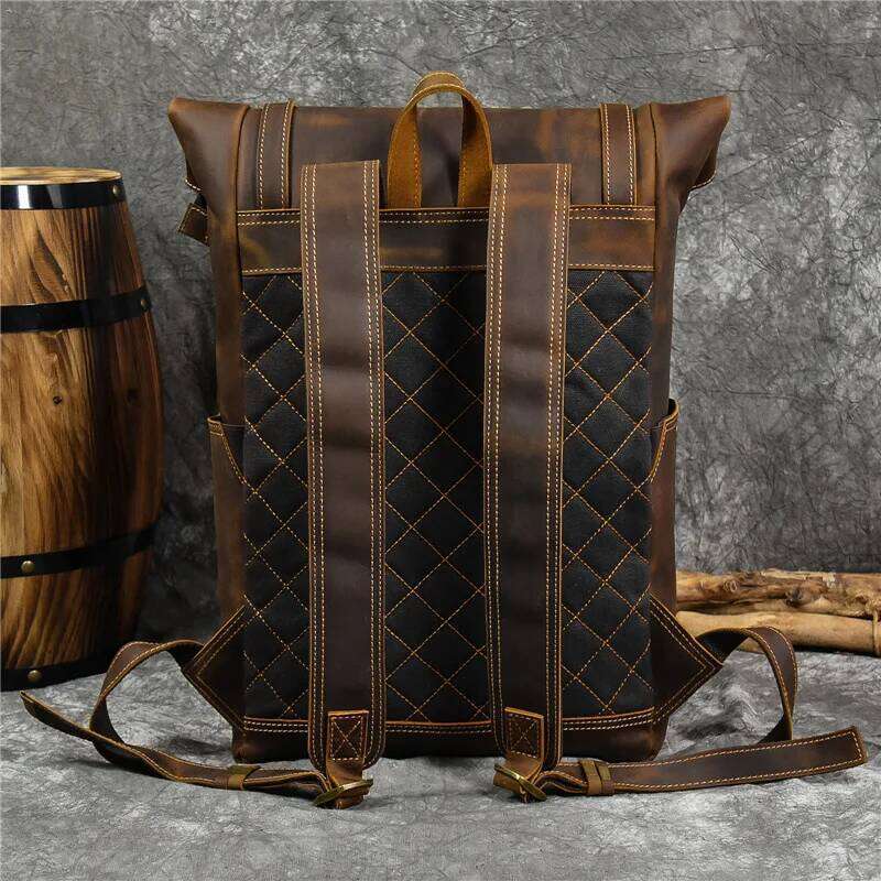 Vintage Men's Backpack Large Capacity 16" Laptop Bag For Students Travel Trendy Retro Design Durable Genuine Leather