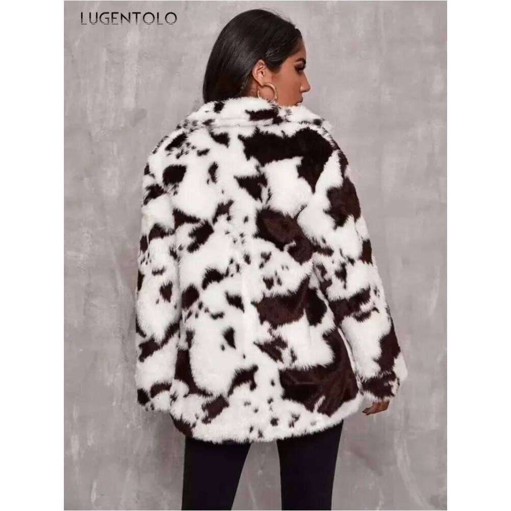Women Faux Fur Jacket Autumn Winter Haruku-style Cow Print Black White Coet Female Loose New Fashion Warm Cloth