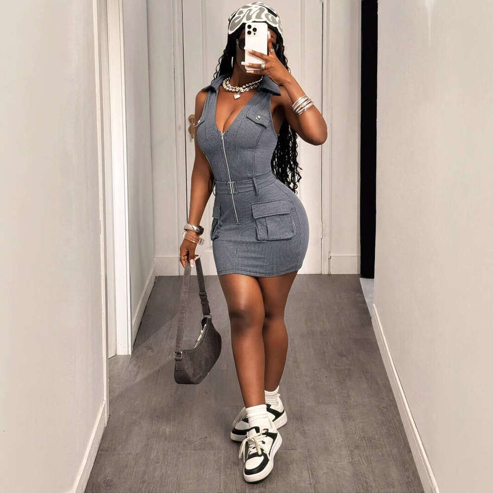 Sexy Hot Girl Sleeveless Bodycon Short Versatile Waist Slimming Workwear Pocket Dress B5