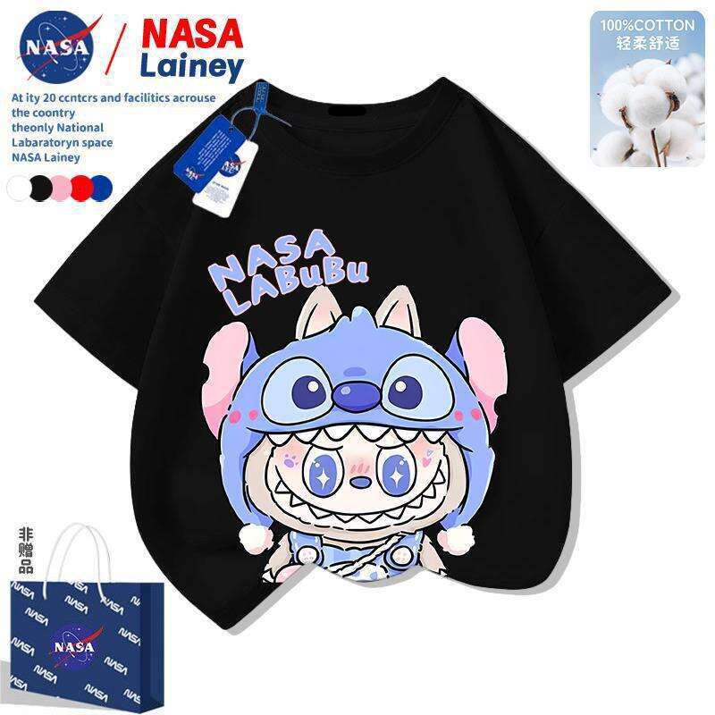 NASA Labubu Boys and Girls Short Sleeve T-Shirt Children's Cute Cartoon Versatile Top