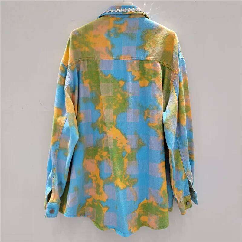 WTHT Fashion Women Cartoon Color Print Beading Denim Shirts Trendy 2025 Summer Long Sleeve Single-breasted Blouse Female 1LS1560