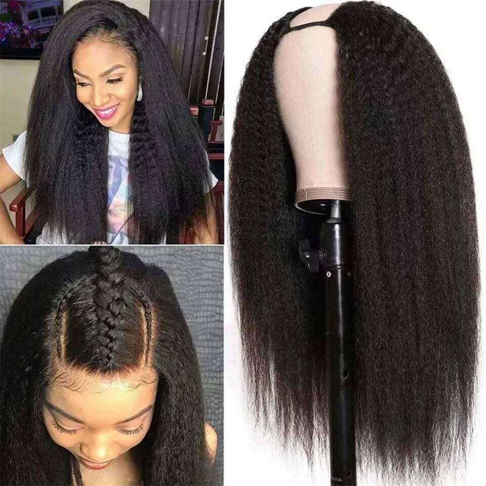 Kinky V Part Wig Yaki Straight Human Hair No Glue Minimal Leave Out EasiContour For Women Full hine Made