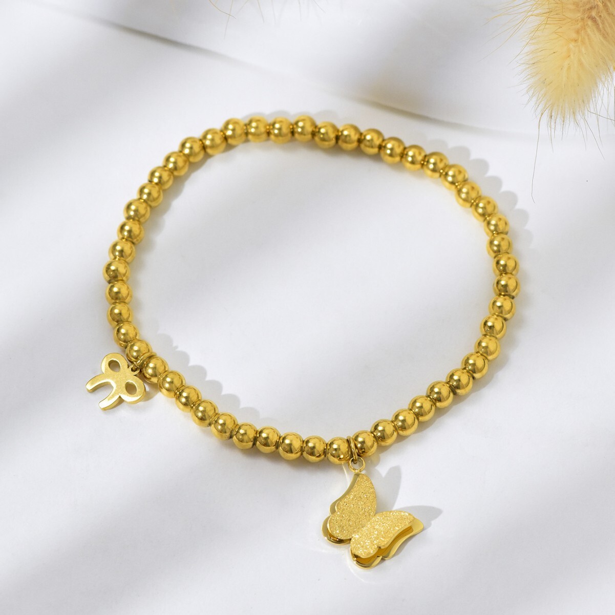 Light Style Gold Round Bead Butterfly Bracelet for Women, Stainless Unique and Versatile, Exquisite Titanium Steel, Non-Fading Jewelry