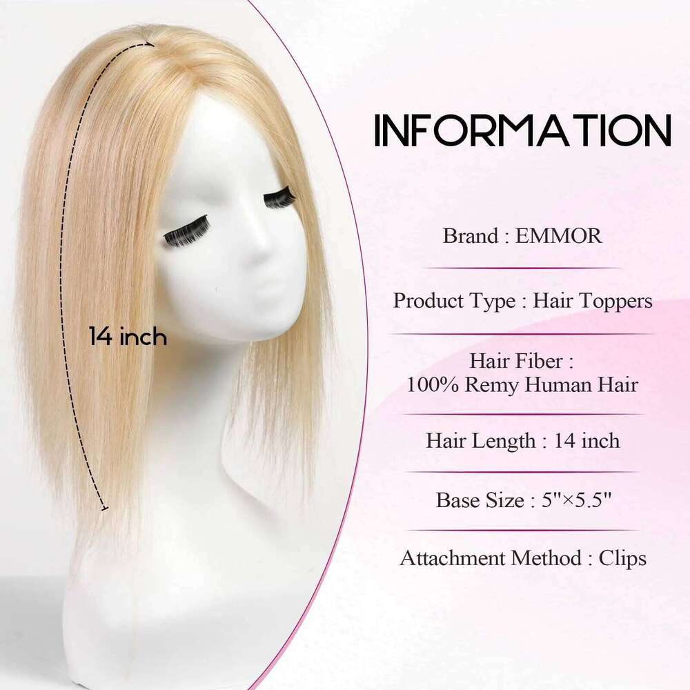 Blonde Highlight 14 inch Human Toppers No Bangs 3Clips Silk Big Base Cover in Topper for Women Loss Hair