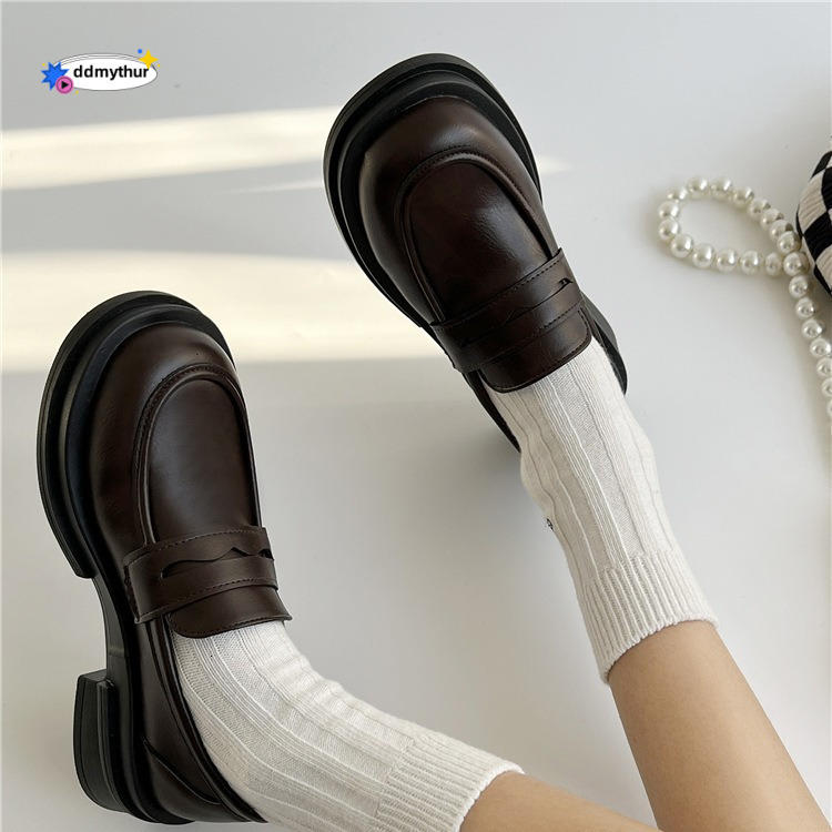 Women's Leather 2024 Spring New British Style Black Thick-Soled Loafers JK Uniform Single Shoes ddmythur