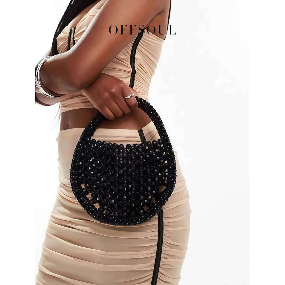 Hollow Hand-Made Metal Sense Gold Woven Half-Round String Beads Pearl Bag Round Handbag