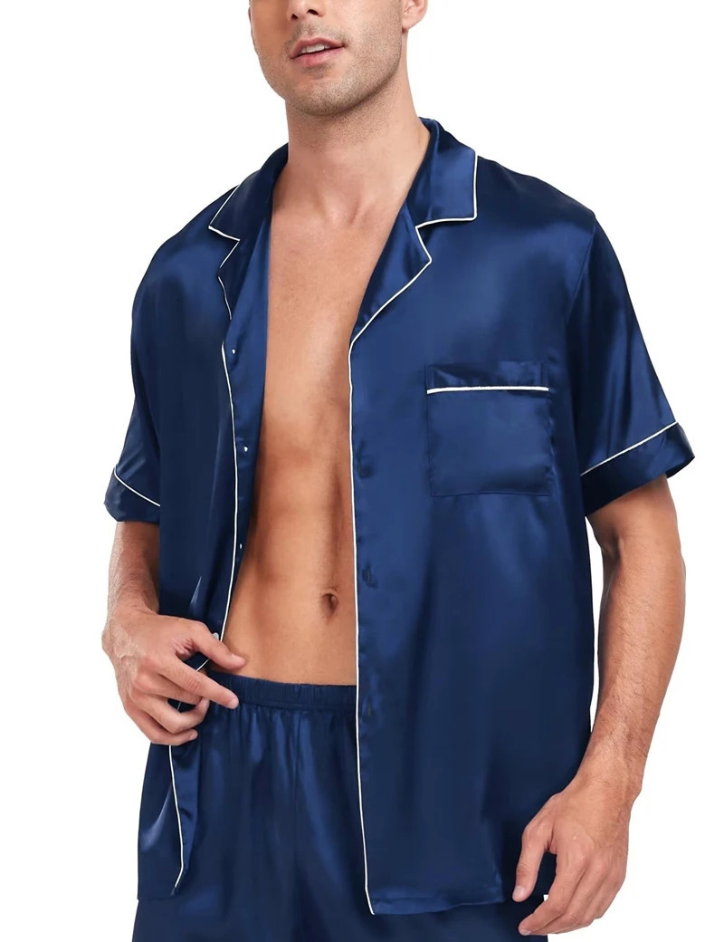 Mens Satin Pajama Set Short Sleeve Lapel Front Buttons Top And Elastic Shorts Comfortable Fit Loungewear Sleepwear Pjs 250614