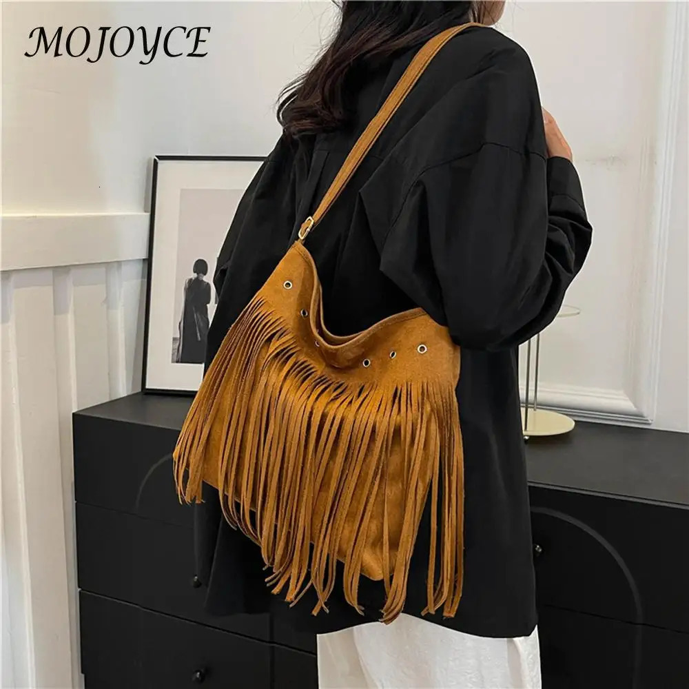 Women Retro Crossbody Bag Large Capacity Suede Leather Fringe Satchel Bag Adjustable Strap Tassel Sling Bag Western Cowgirl Bag 250614