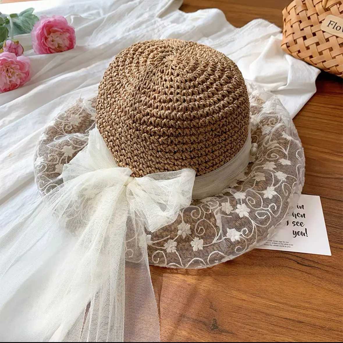 Womens Summer Hat Lace Ribbon Bow Flower Beads Big Brim Sunscreen Bucket Hat Sunshade Beach Accessories New M250616