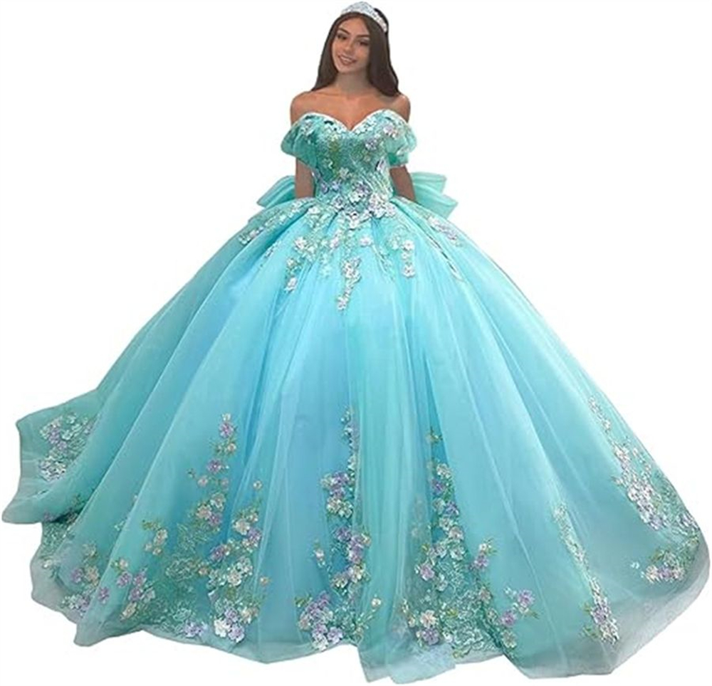 Ball Gown Quinceanera Dresses Off the Shoulder Appliques Big Bow Lace-up Sweetheart Tulle Plus Size Sweet 15 16 Princess Birthday Party Gowns Vestidos