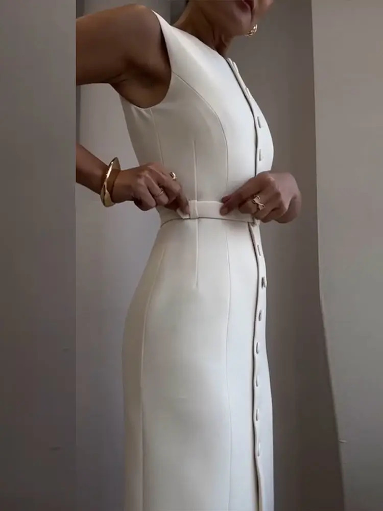 Elegant Single Breasted Tank Dress Women Belts Sleeveless O-neck Slim Solid 2025 Spring Dresses Commute Street Split Lady Robe 250614
