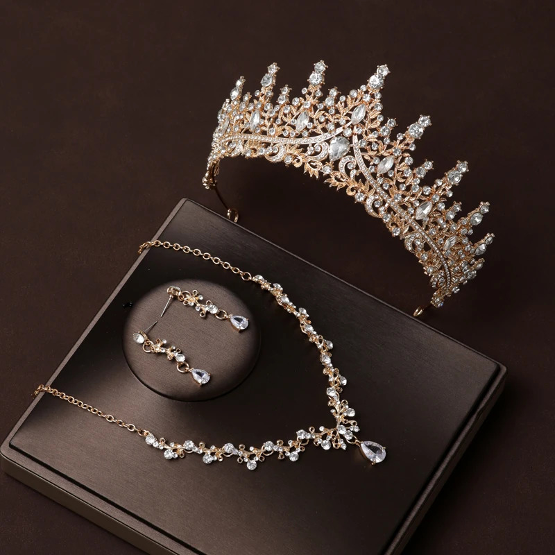 Itacazzo Bridal Headwear Set of Four Crown Necklace Earrings Gold-Colour Womens Classic Wedding Tiaras 250603