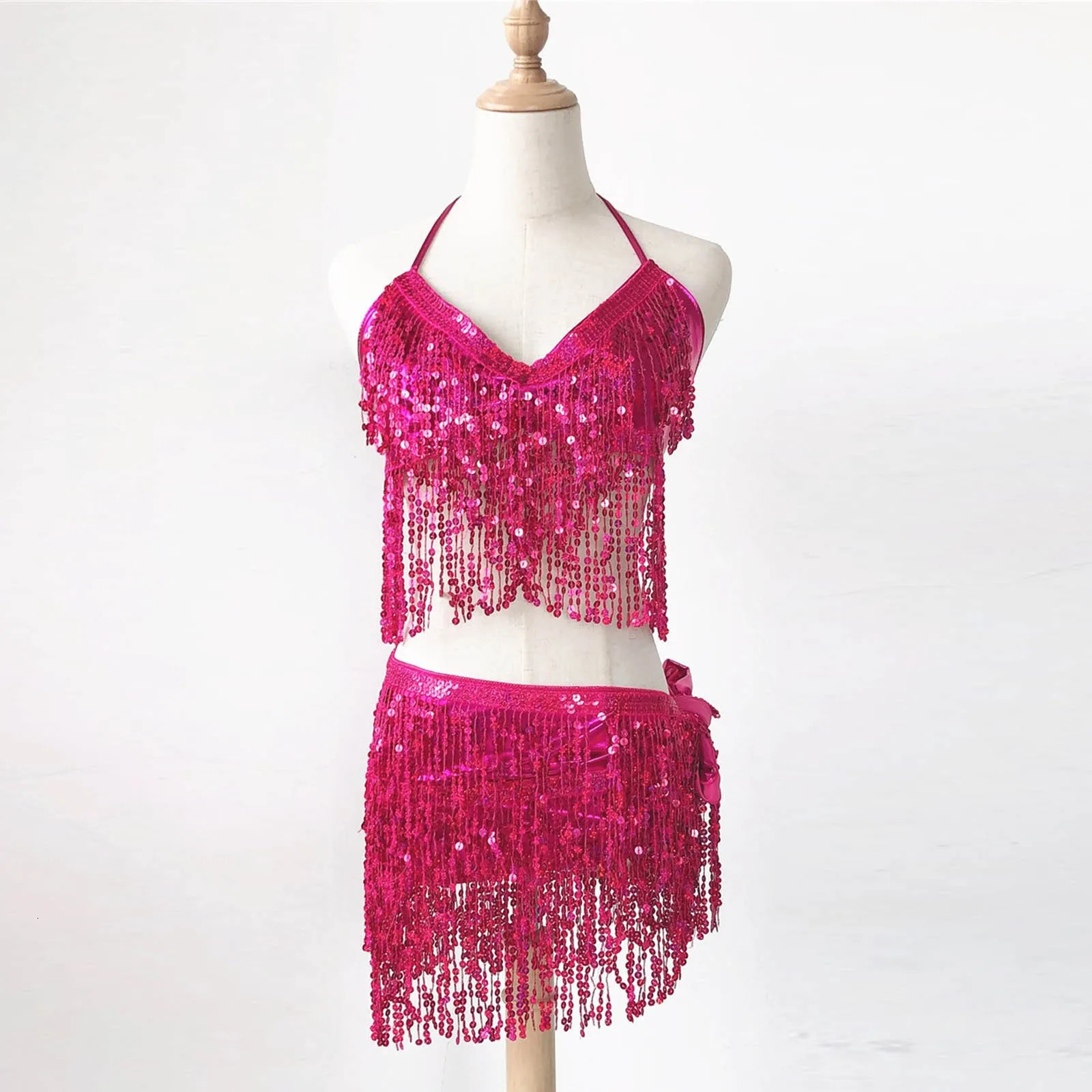 WomenS Sequin Belly Dance Suspender Top VestHalf Skirt Set Tassel Wrap Mini Nightclub Outfits Club Party 250609