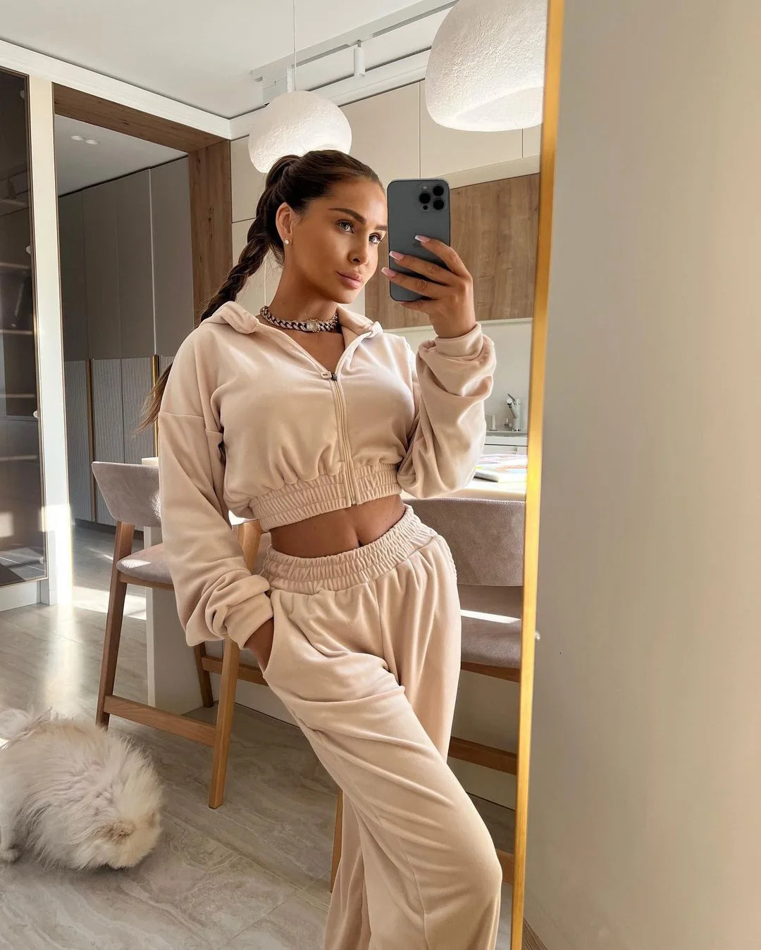 Two Piece Pant Sets Women Hooded Zipper Thick Short Sweatshirt Coats Pockets Full Sleeve Crap Top Elastic Waist Pants Suits 250614