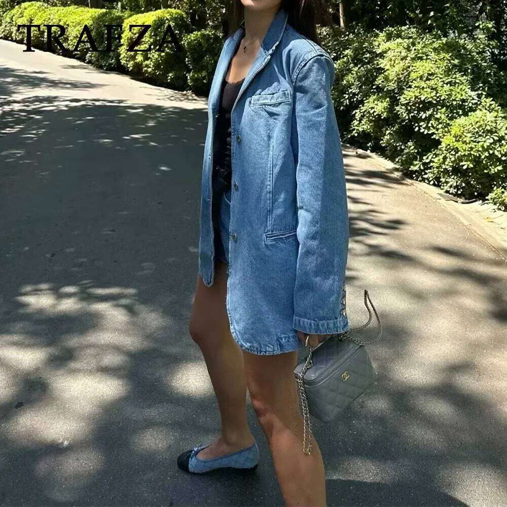 TRAFZA 2024 Spring Summer Casual Women Denim Fashion Vintage Solid Shrug Loose Single Breasted Chic Ladies Blazers