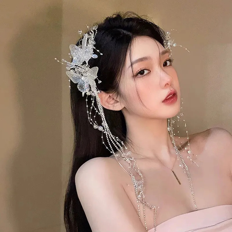 Crystal Hairpin Butterfly Tassel Clip Korean Bridal Headdress Women Hair Decoration Wedding Hair Accessories fairy hair Headwear 250610