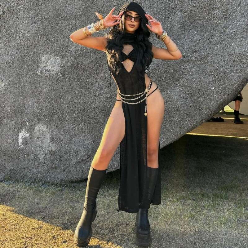 2025 Summer New Solid Color Sleeveless Sheer Sexy Hollow Out Backless Split Long Dress for Women, Casual Versatile Fashion Clothing