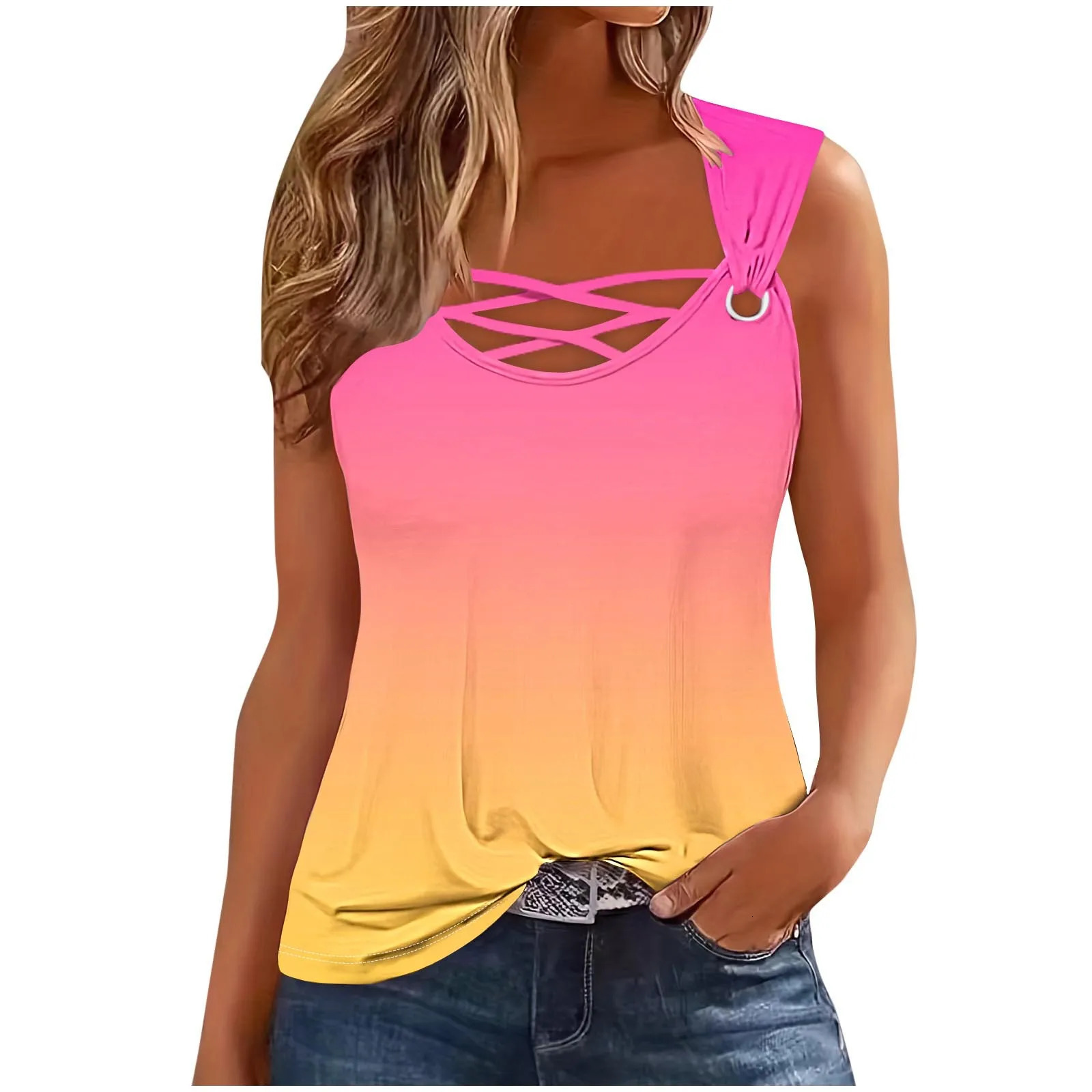 Summer Sleeveless Gradient T-shirt Casual Tshirt Women Tops Fashion Print Sexy Hollow Out T Shirt For Women Tank Top Femme 250614