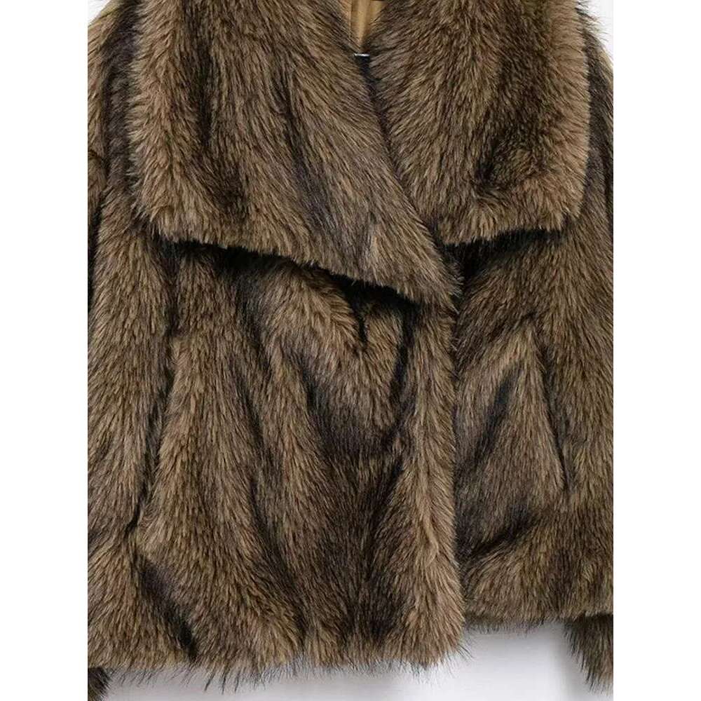 Vintage Large Lapel Faux Fur Coats Women Casual Plush Solid Hidden Button Coat Female Winter Thick Warm Chic Street Outwear